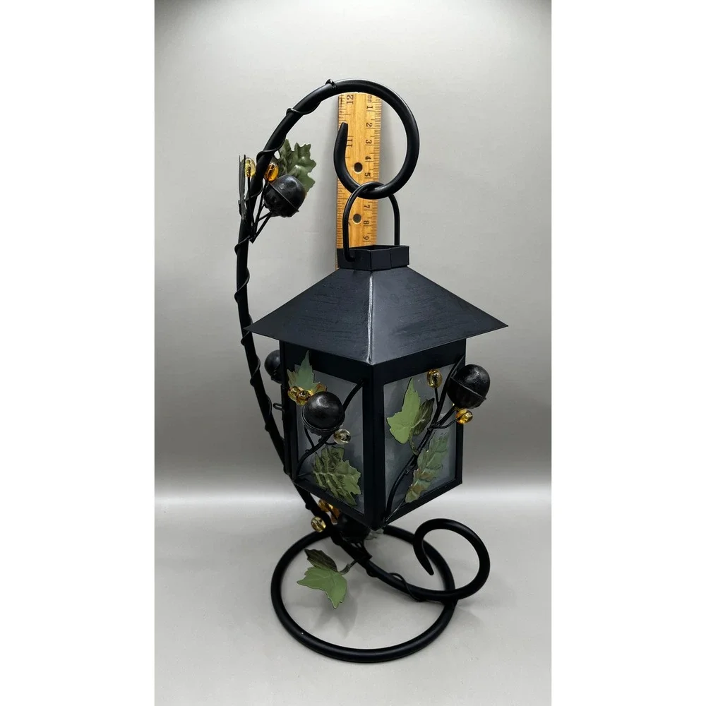Black Metal Hanging Lantern Leaf Acorn Stand Tea Light Votive Holder 12